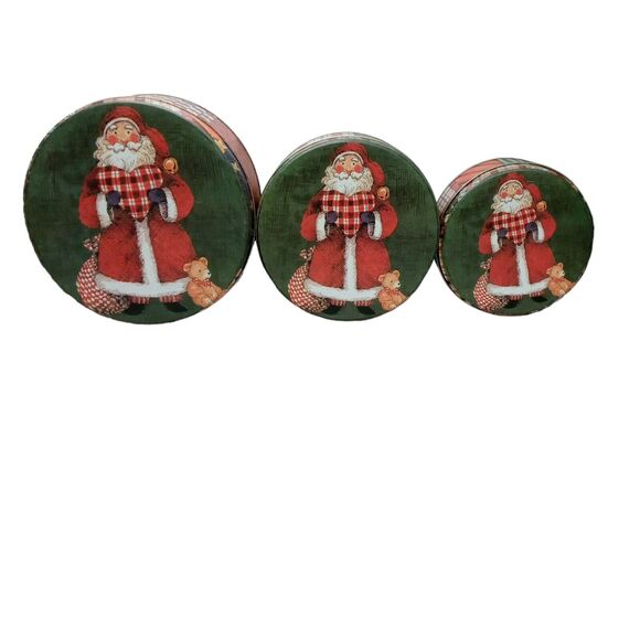 Vintage Christmas Santa Nesting Metal Tins Teddy Bear Plaid Retro Holiday Decor - Picture 11 of 16